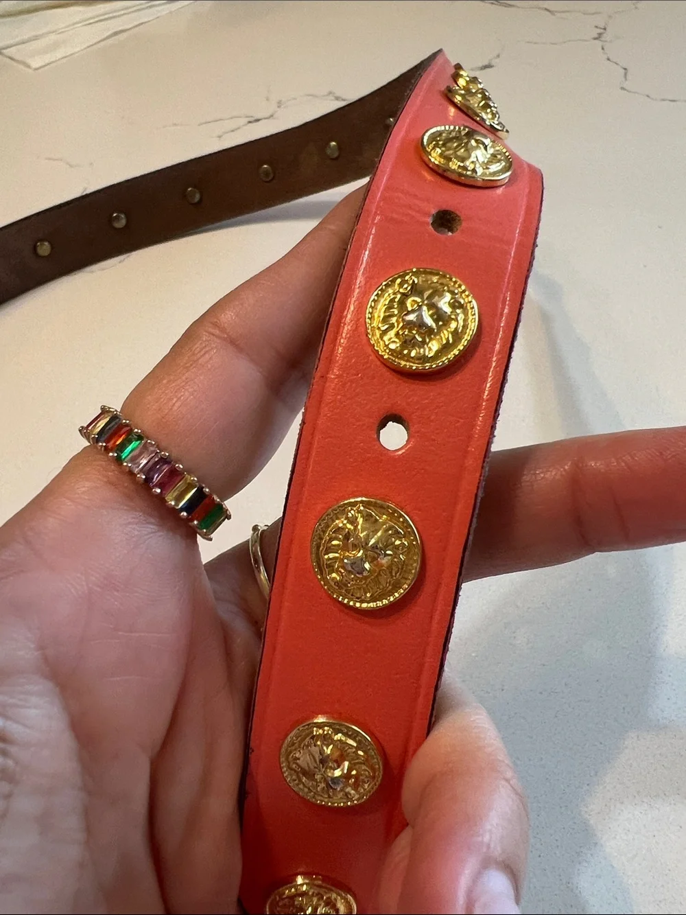 The Limited Belt Gold Lion Medallion Coral Leather Studded Belt Small S preloved